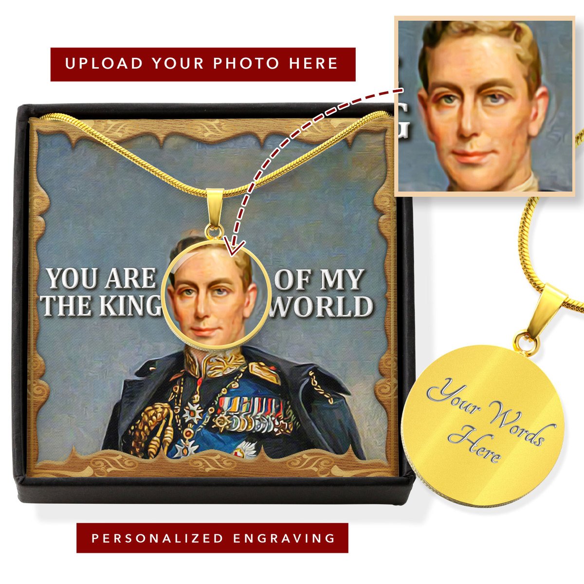 King George V Customized Photo Circle Pendant Jewelry With Message Card