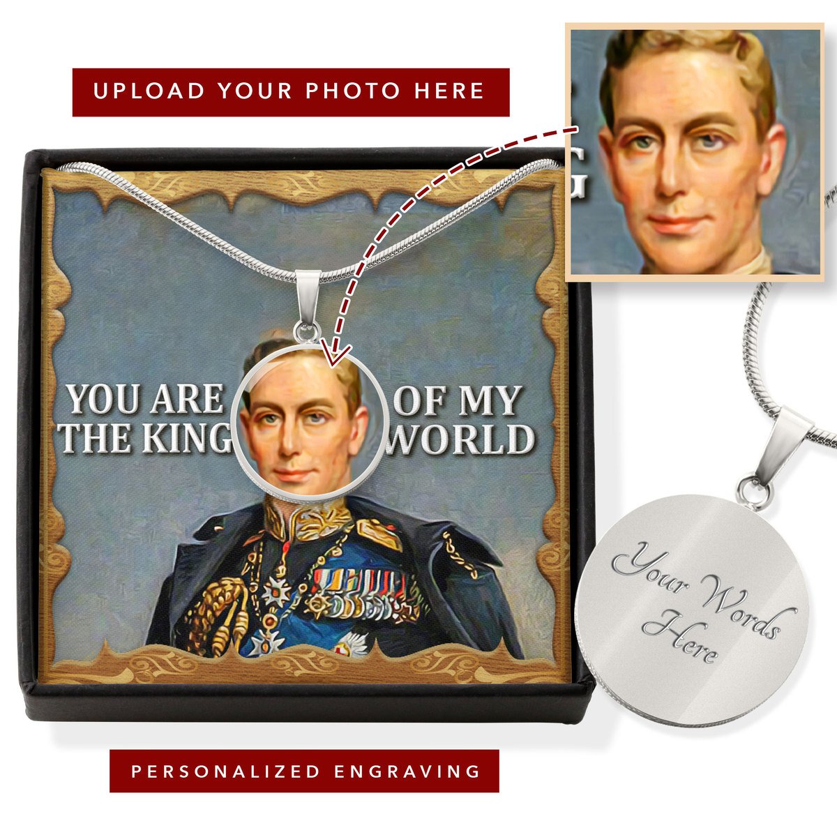 King George V Customized Photo Circle Pendant Jewelry With Message Card