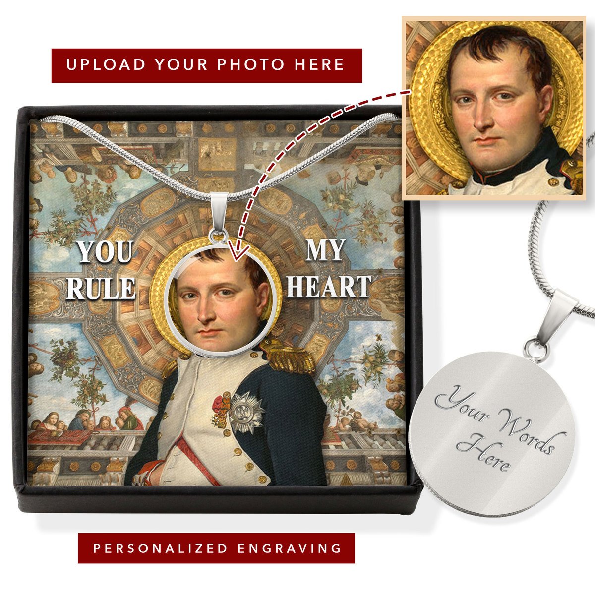 King Napoleon You've Conquered My Heart Customized Photo Circle Pendant with POD Message Card