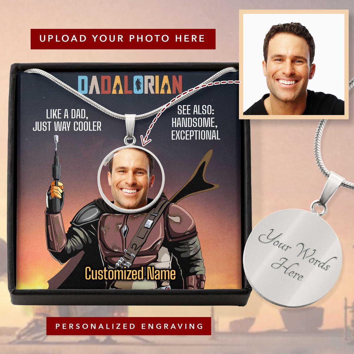 Dadalorian Custom Portrait Circle Pendant Box Necklace