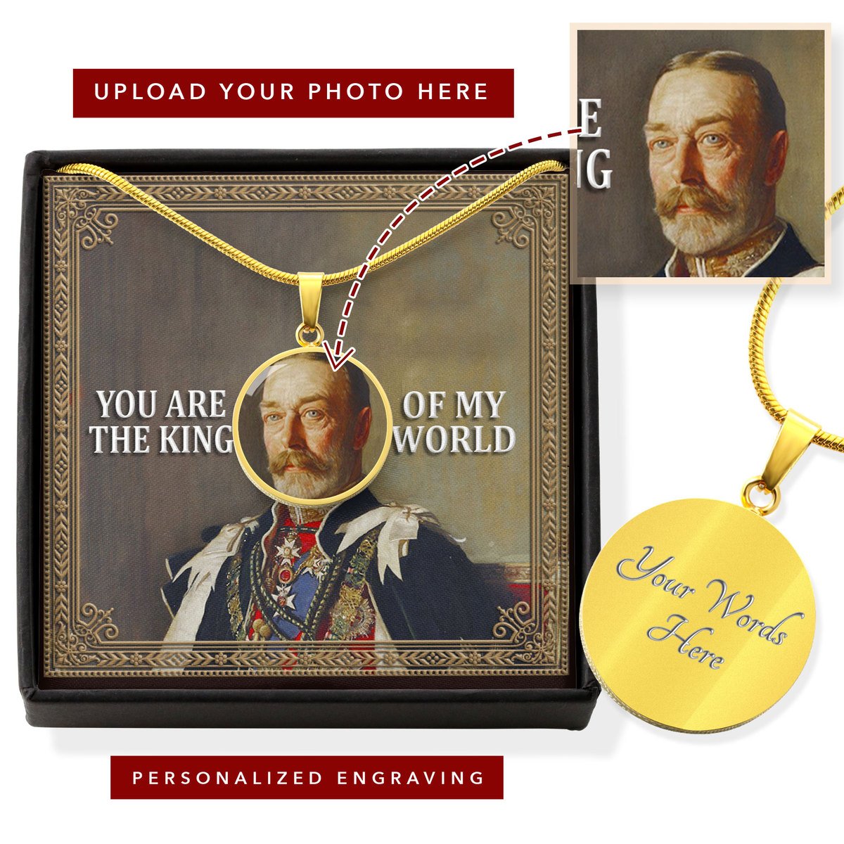 King George V Customized Photo Circle Pendant with POD Message Card