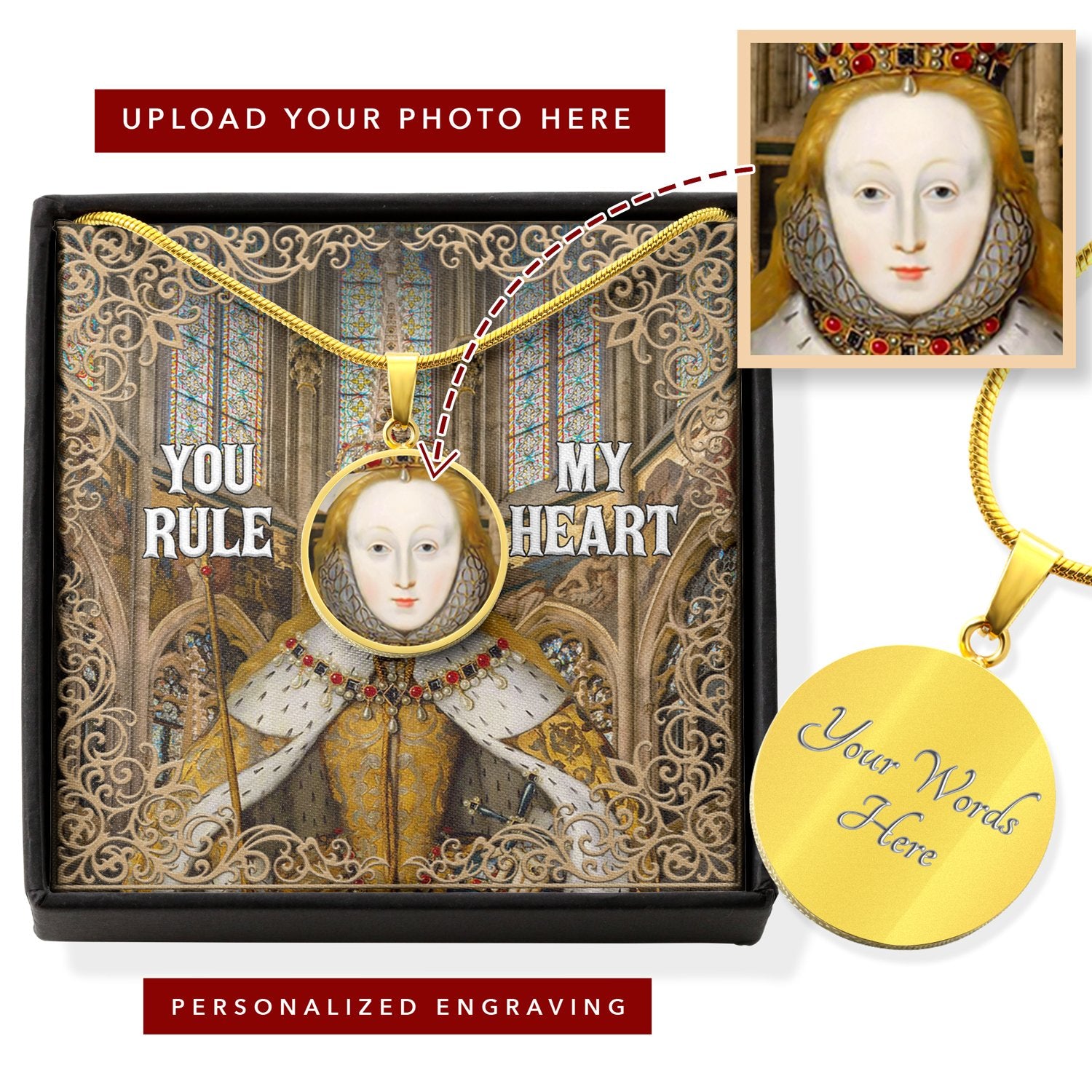 Queen Elizabeth You Rule My Heart Customized Photo Circle Pendant with POD Message Card