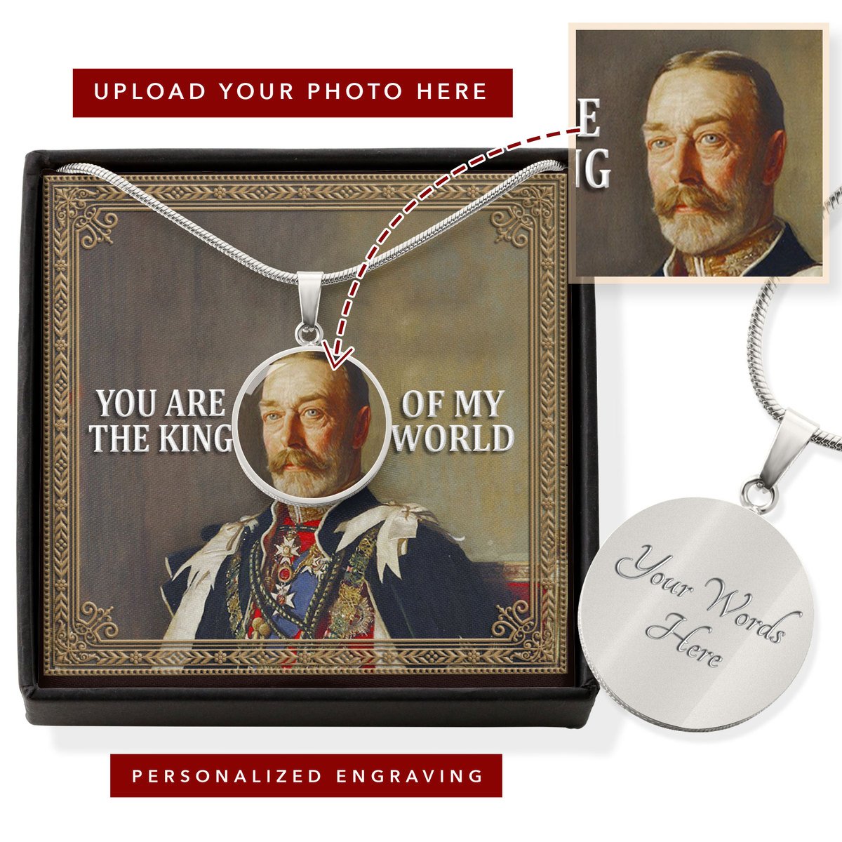 King George V Customized Photo Circle Pendant with POD Message Card