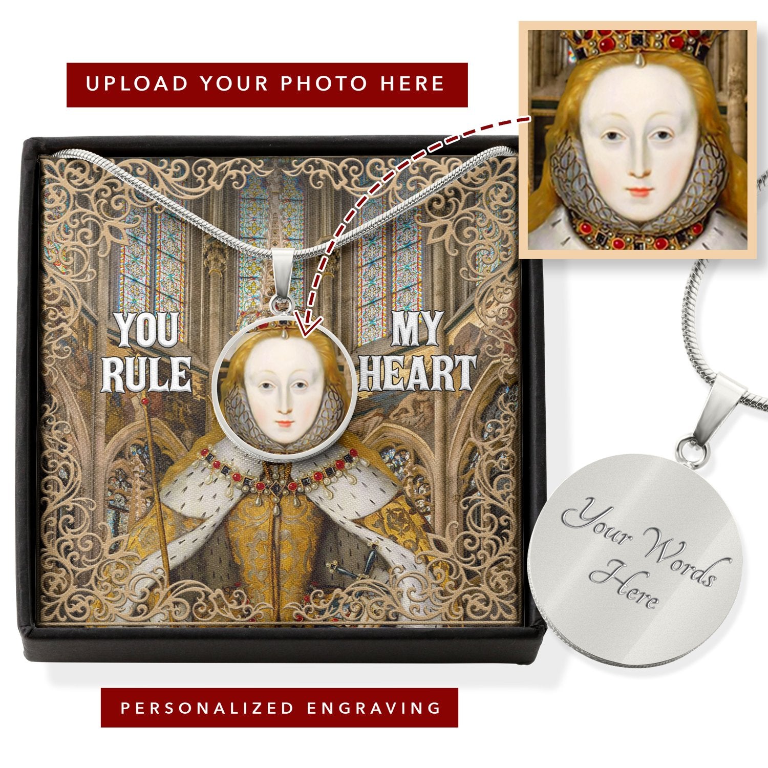 Queen Elizabeth You Rule My Heart Customized Photo Circle Pendant with POD Message Card