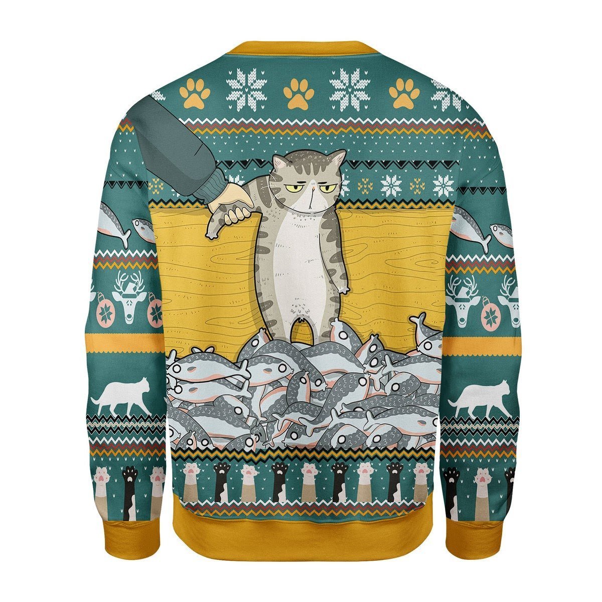 Gearhomies Christmas Unisex Sweater Cat With Fish Christmas Ugly 3D Apparel