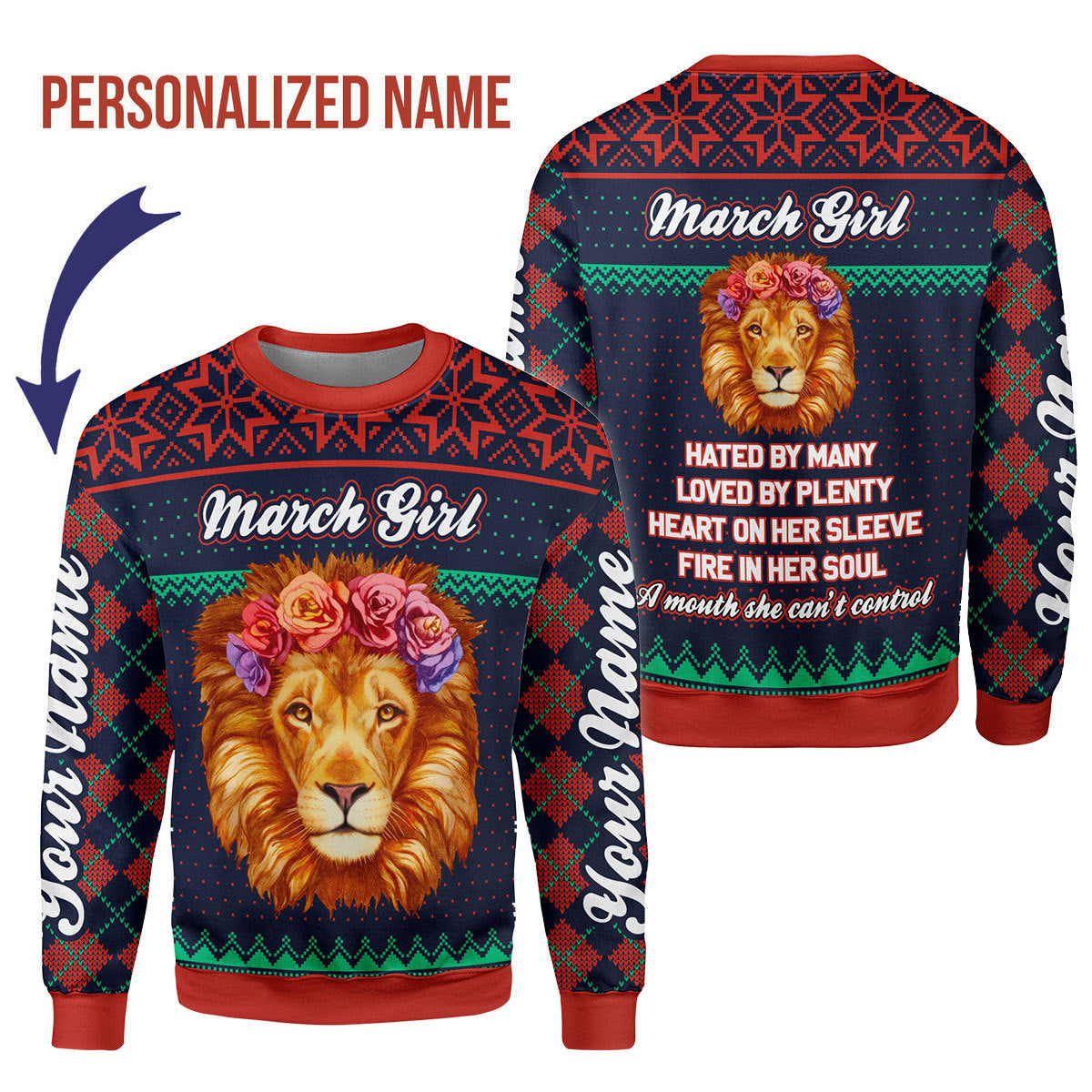 CustomsPig Personalized Ugly Sweater March Girl All Over Printed