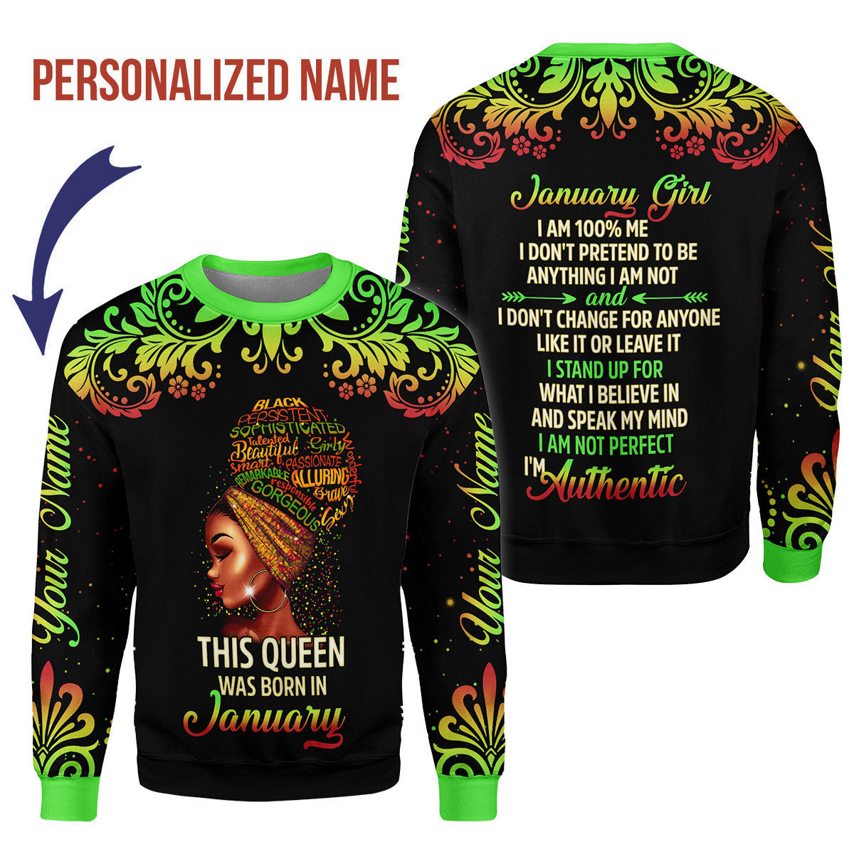 CustomsPig Personalized Ugly Sweater January Girl I Am 100% Me All Over Printed