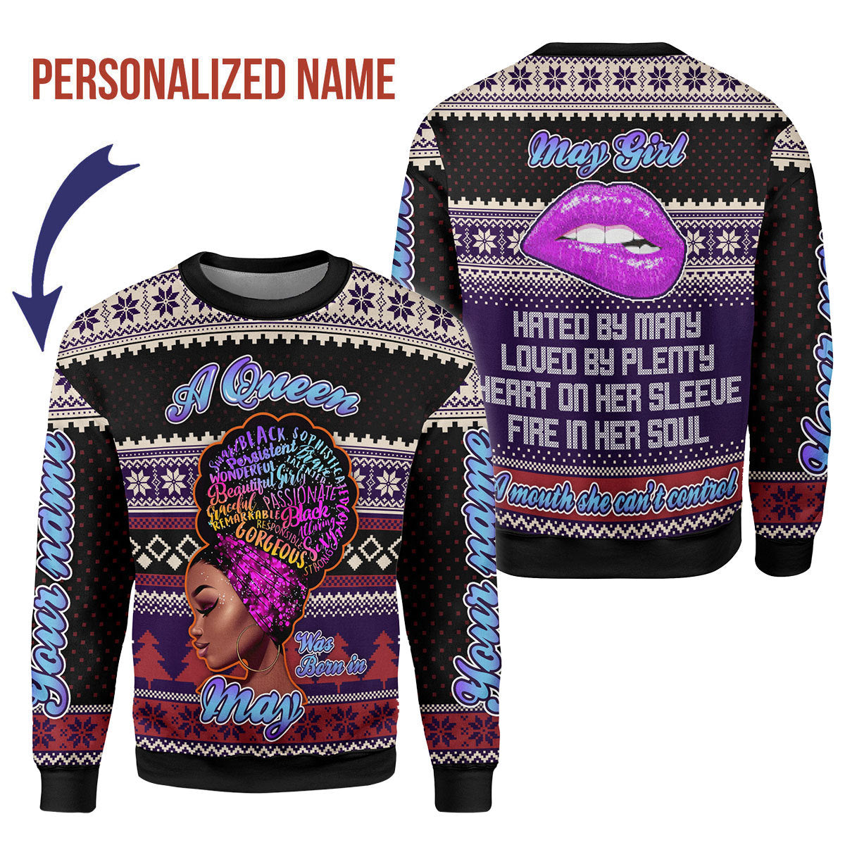 CustomsPig Personalized Ugly Sweater A Queen Was Born In May All Over Printed