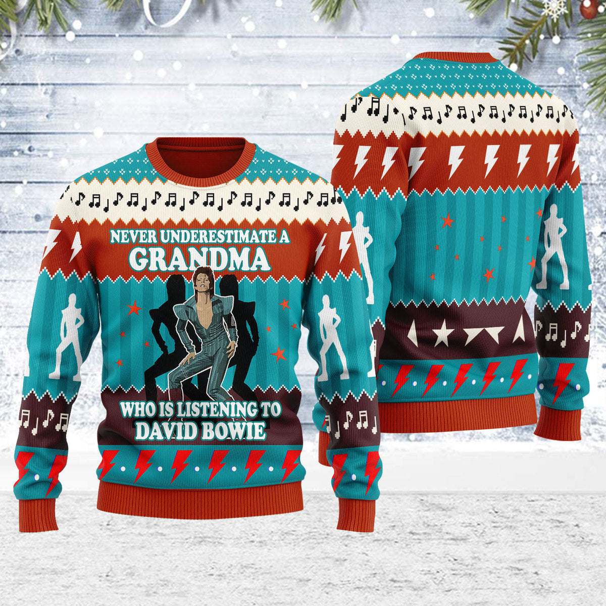 CustomsPig Never Underestimate A Grandma Who Is Listening To David Bowie Christmas Ugly Sweater