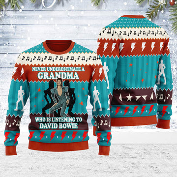 CustomsPig Never Underestimate A Grandma Who Is Listening To David Bowie Christmas Ugly Sweater