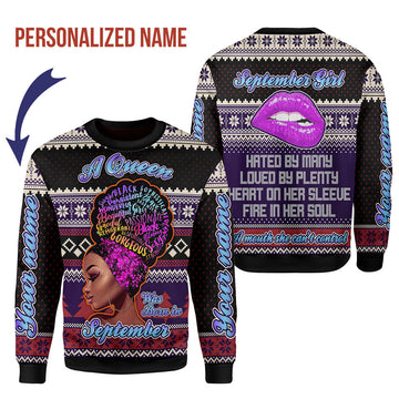 CustomsPig Personalized Ugly Sweater A Queen Was Born In September All Over Printed