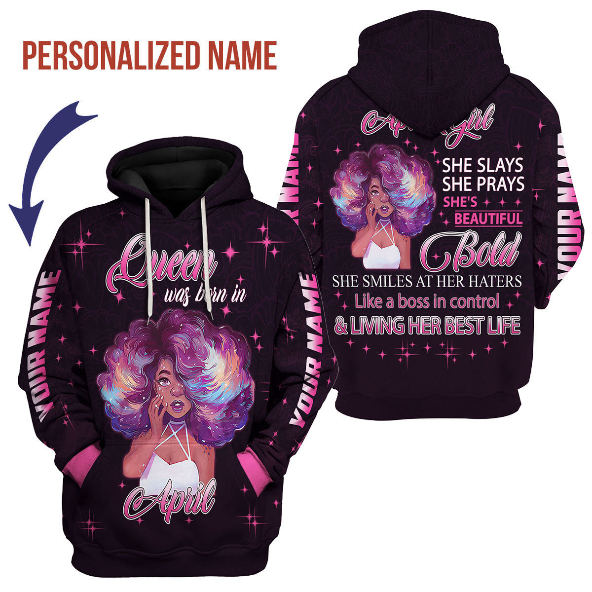 CustomsPig Personalized Hoodie April Girl She's Beautiful Bold All Over Printed