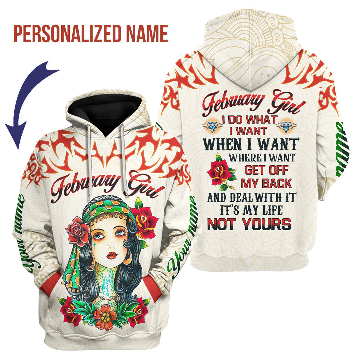 CustomsPig Personalized Hoodie February Girl I Do What I Want All Over Printed