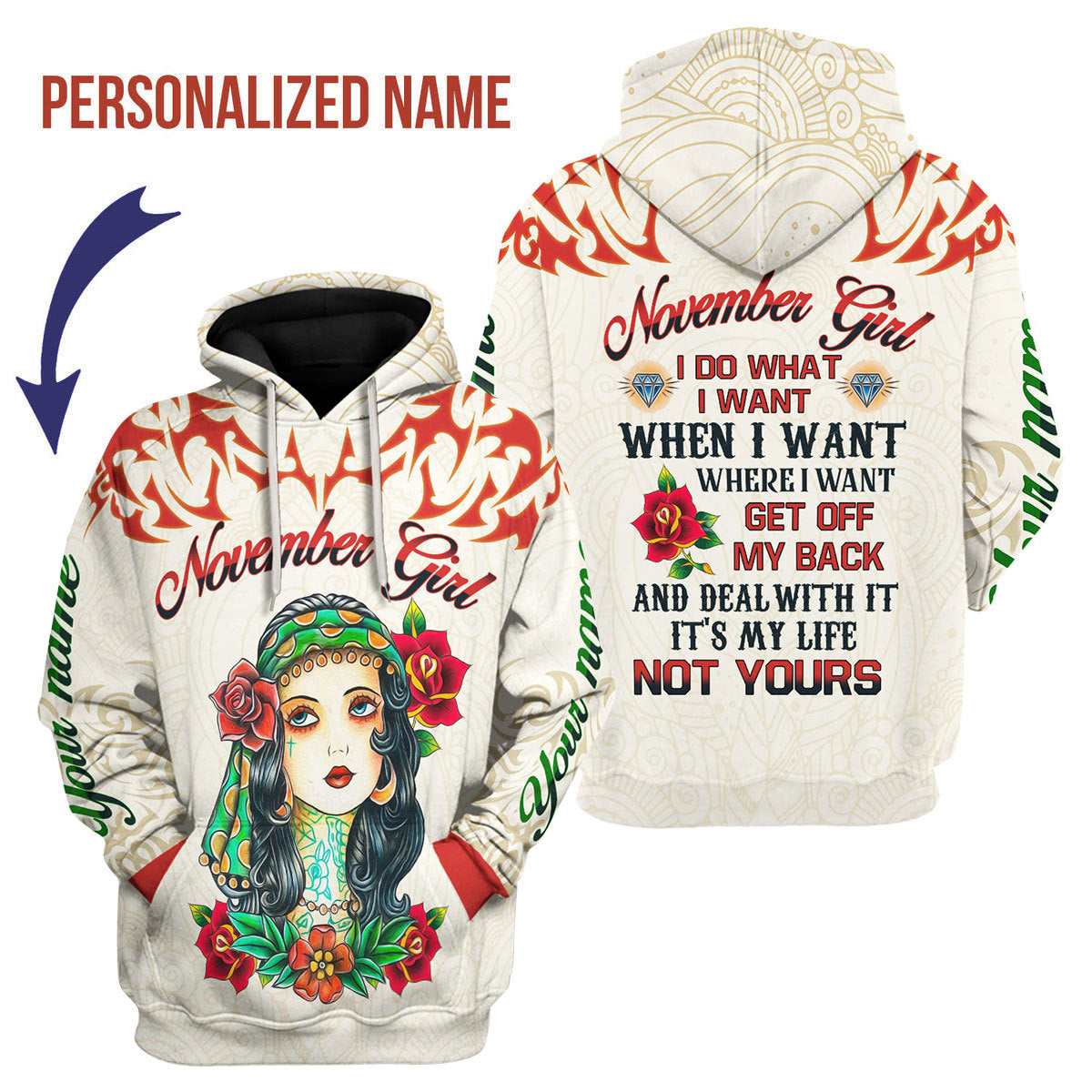 CustomsPig Personalized Hoodie November Girl I Do What I Want All Over Printed
