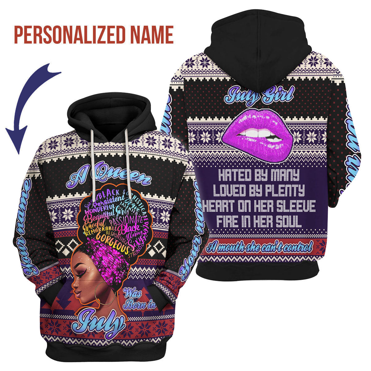 CustomsPig Personalized Hoodie A Queen Was Born In July All Over Printed