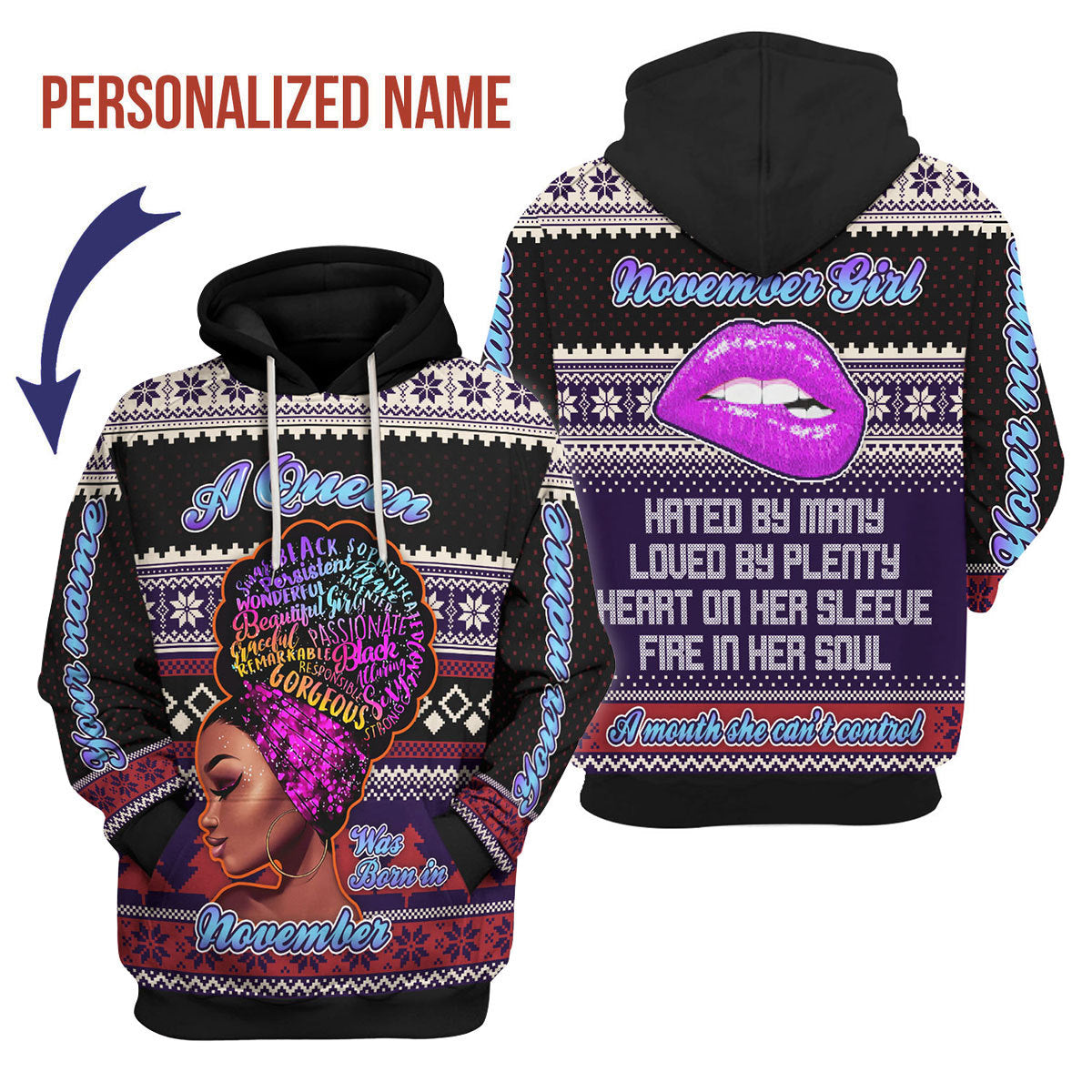 CustomsPig Personalized Hoodie A Queen Was Born In November All Over Printed