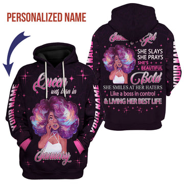 CustomsPig Personalized Hoodie January Girl She's Beautiful Bold All Over Printed