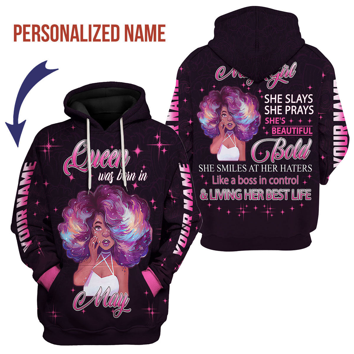 CustomsPig Personalized Hoodie May Girl She's Beautiful Bold All Over Printed