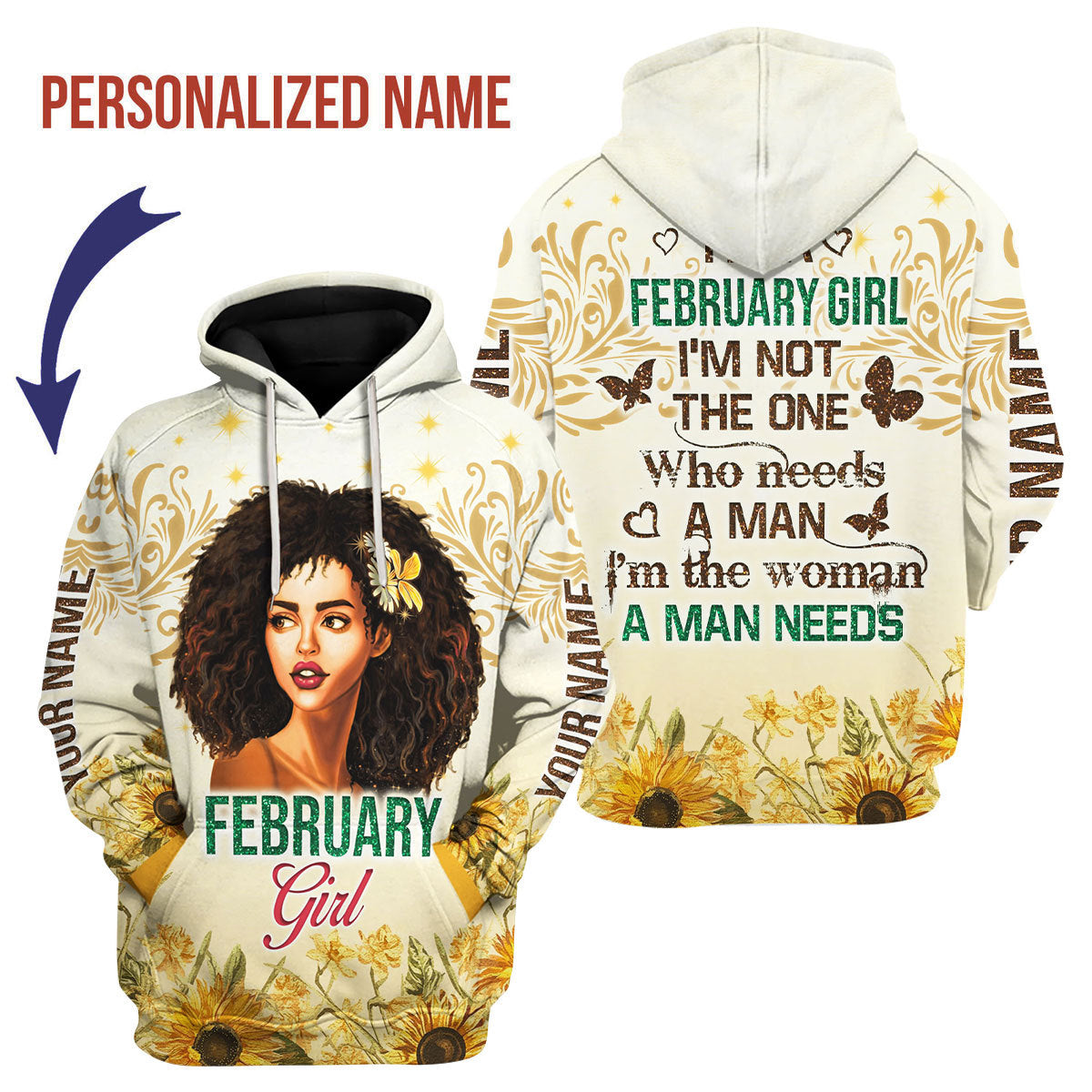 CustomsPig Personalized Hoodie February Girl All Over Printed
