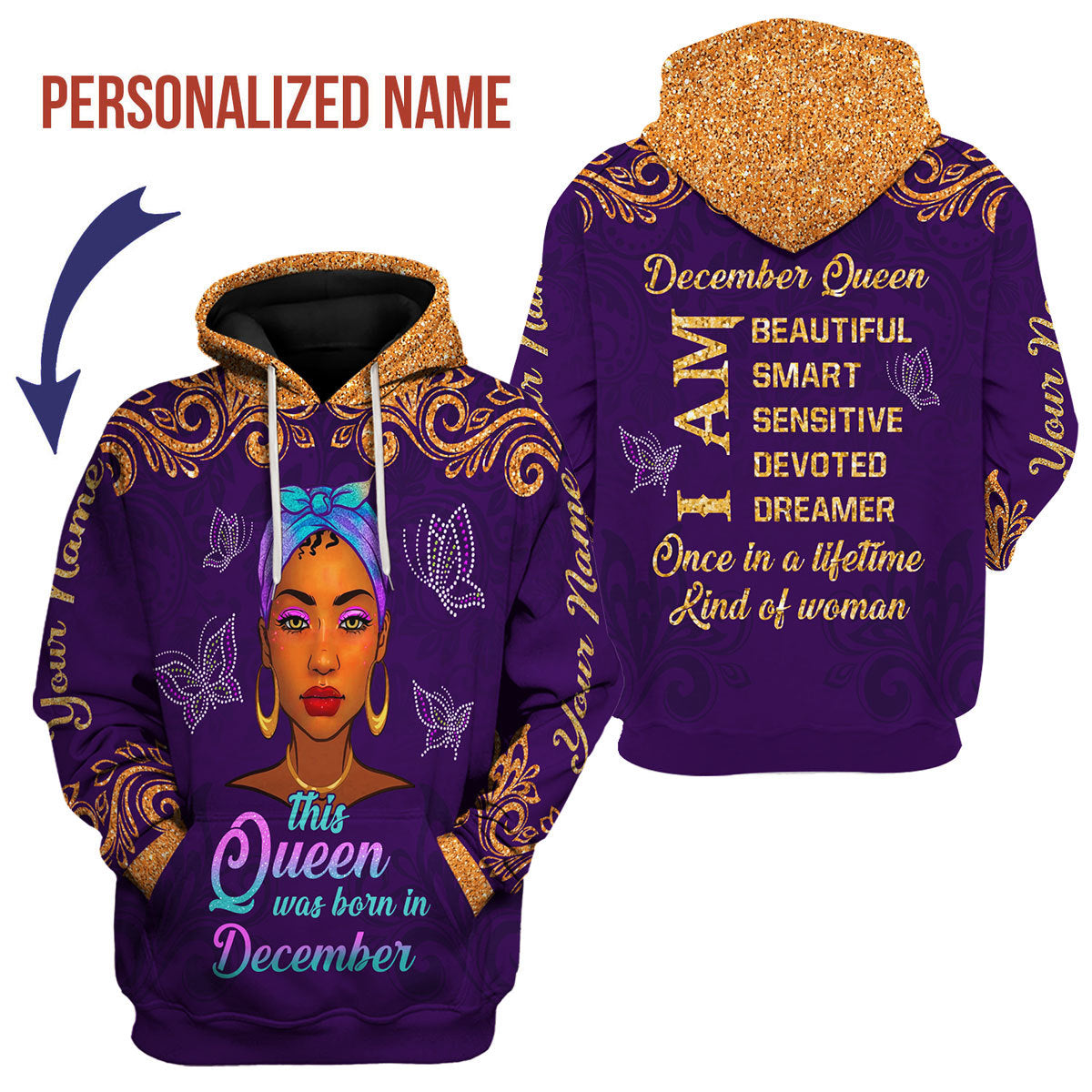 CustomsPig Personalized Zip Hoodie December Queen All Over Printed