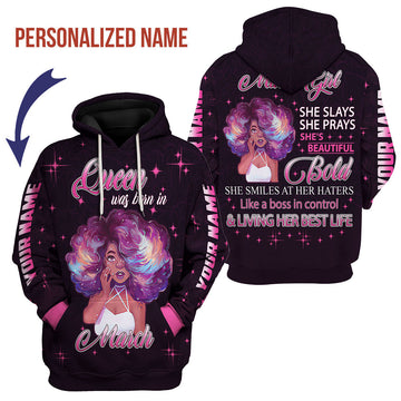 CustomsPig Personalized Hoodie March Girl She's Beautiful Bold All Over Printed