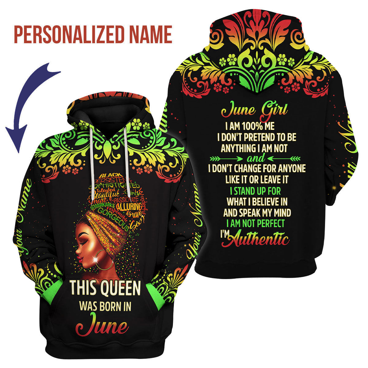 CustomsPig Personalized Hoodie June Girl I Am 100% Me All Over Printed