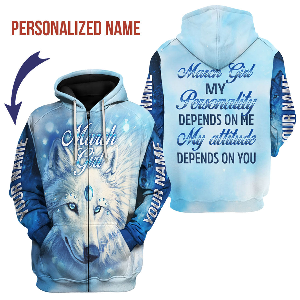CustomsPig Personalized Zip Hoodie March Girl All Over Printed