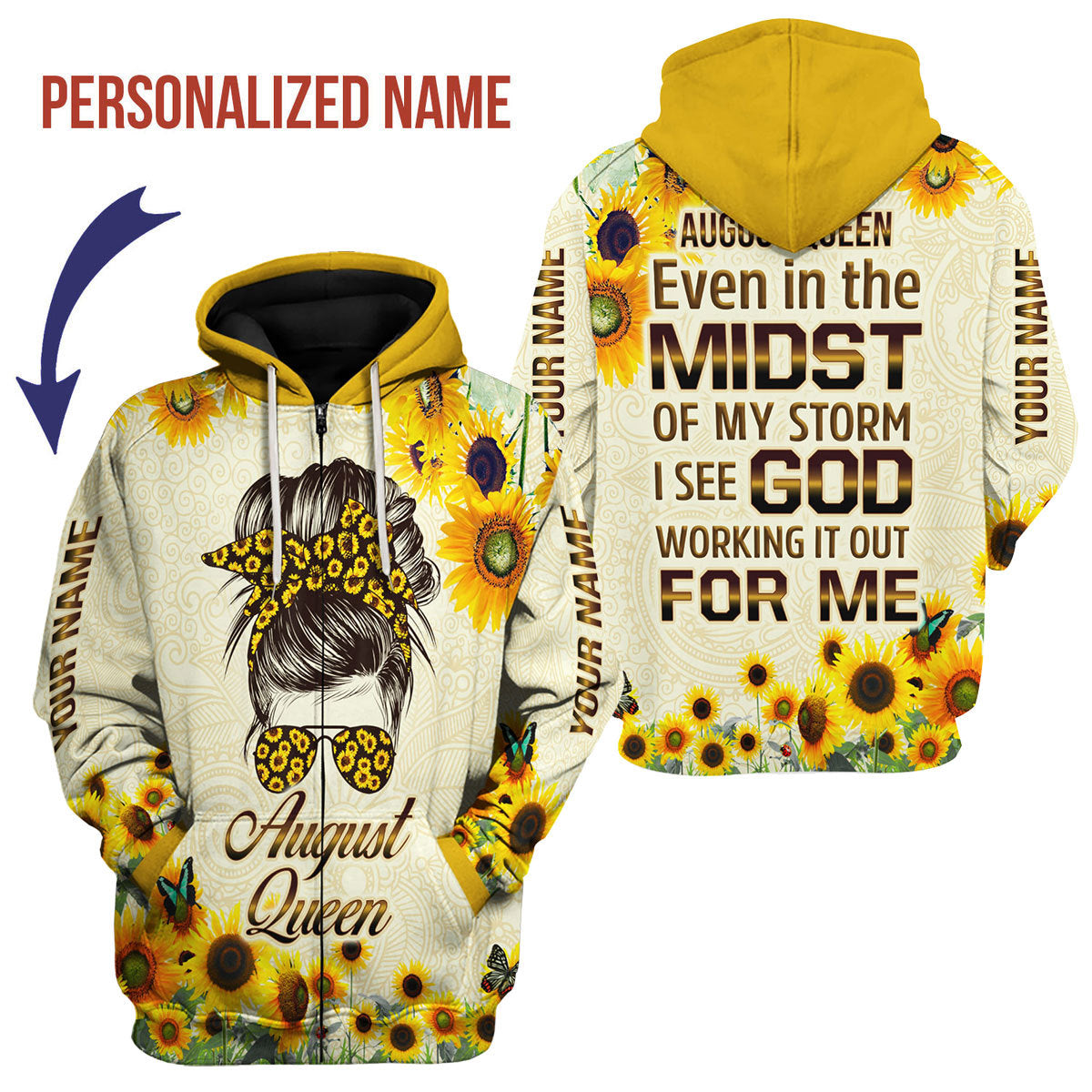 CustomsPig Personalized Zip Hoodie August Queen All Over Printed