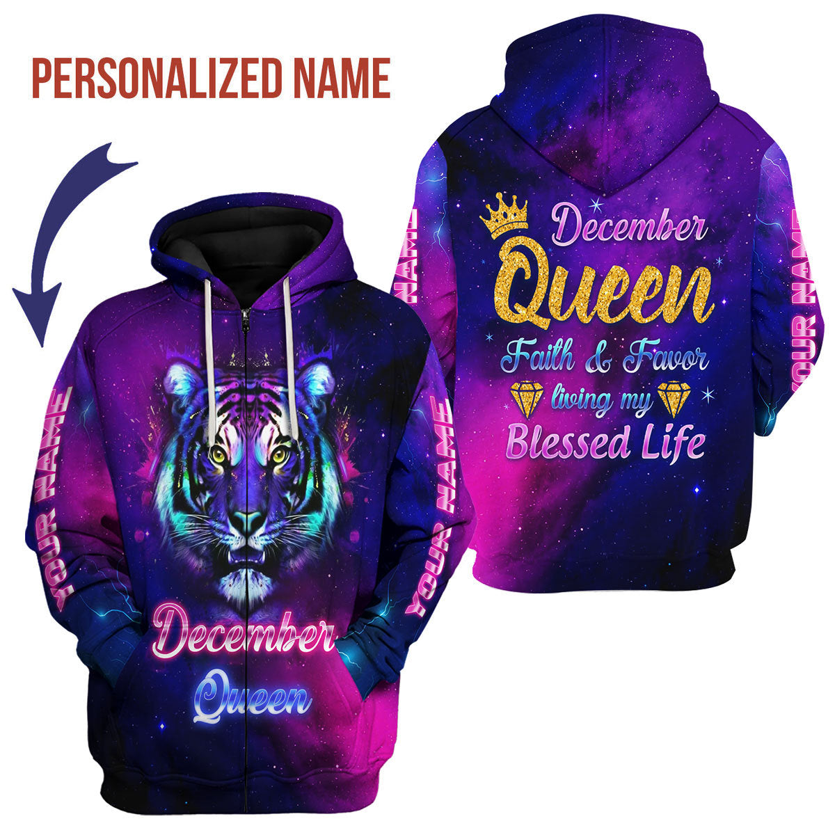 CustomsPig Personalized Zip Hoodie December Queen All Over Printed