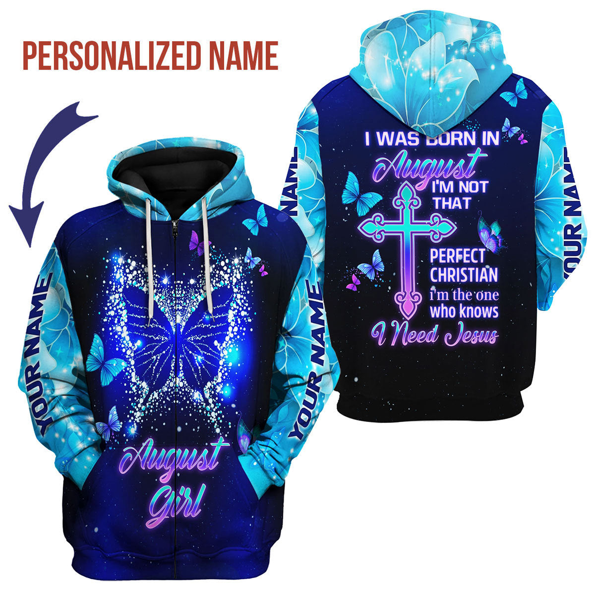 CustomsPig Personalized Zip Hoodie August Girl All Over Printed