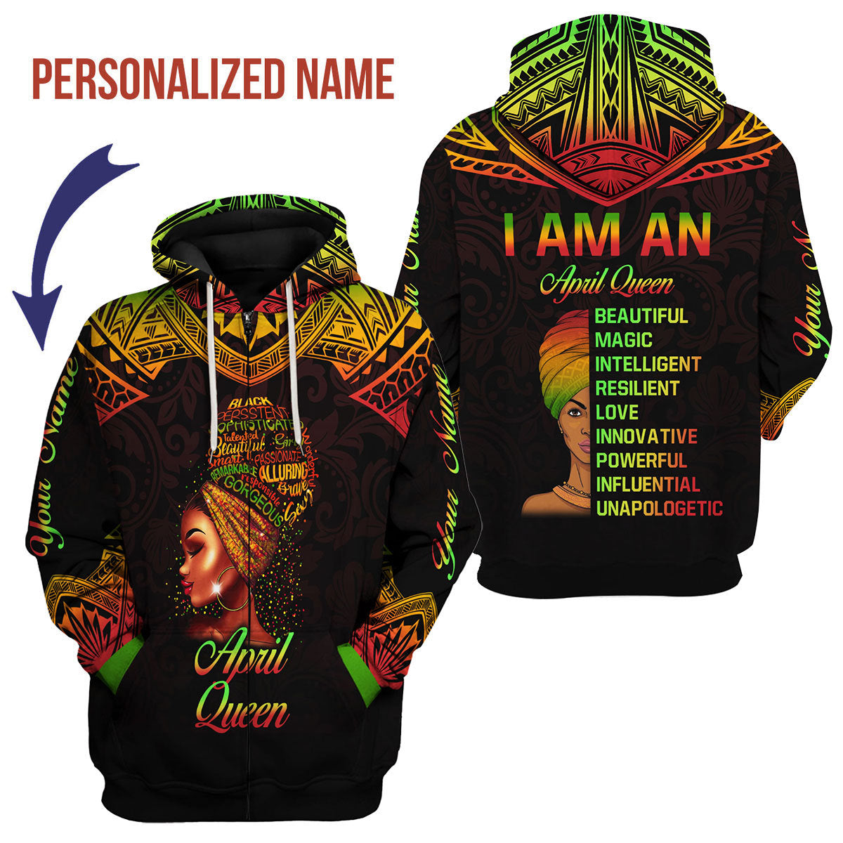 CustomsPig Personalized Zip Hoodie April Queen All Over Printed
