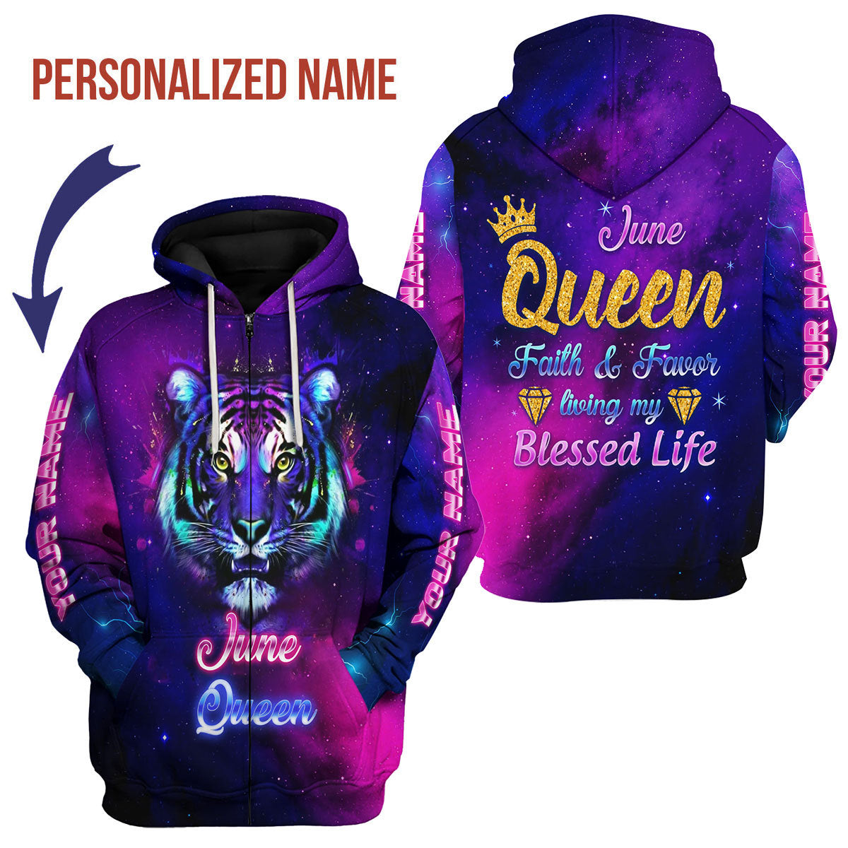 CustomsPig Personalized Zip Hoodie June Queen All Over Printed