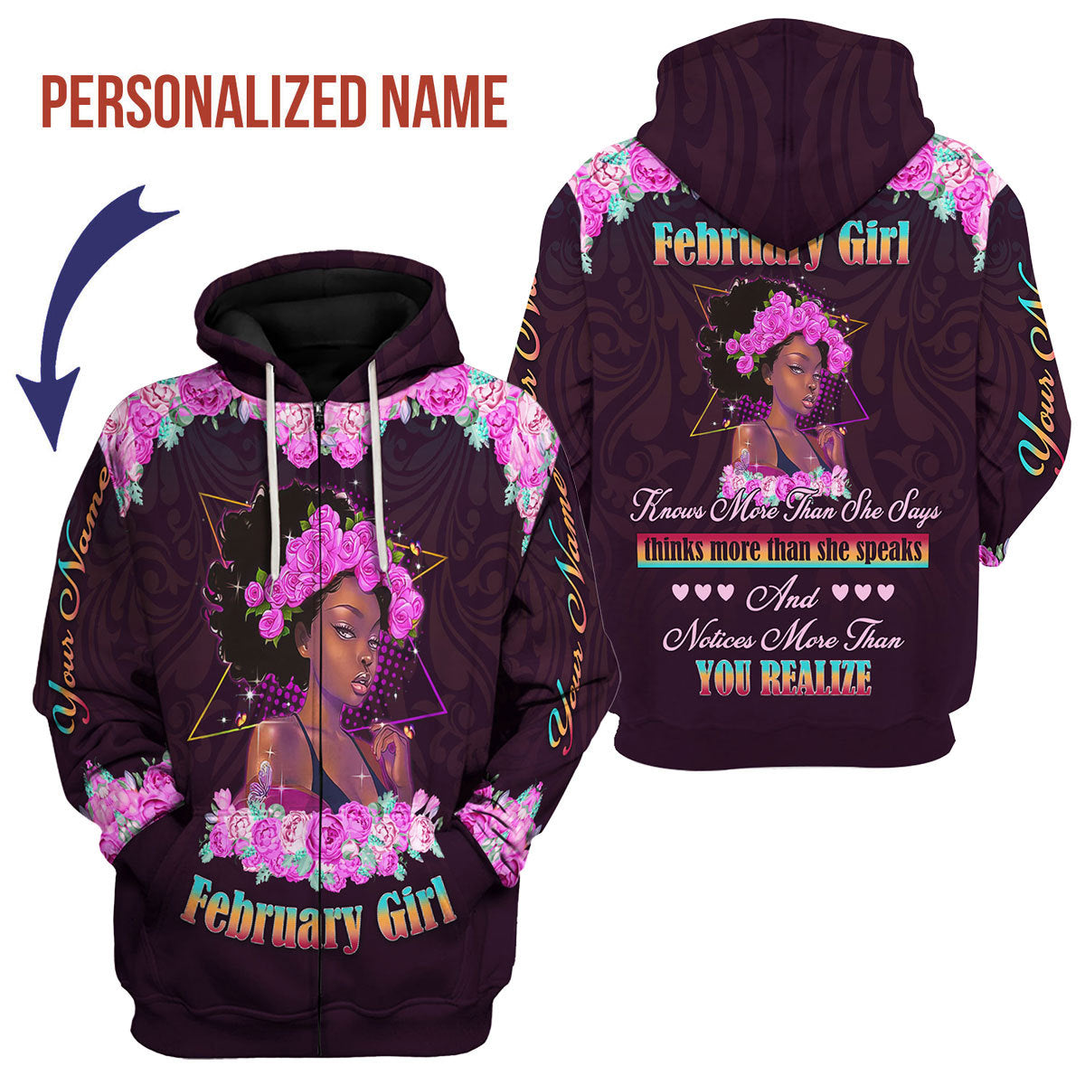 CustomsPig Personalized Zip Hoodie February Girl All Over Printed