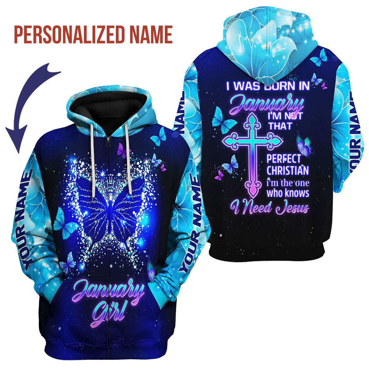 CustomsPig Personalized Zip Hoodie January Girl All Over Printed