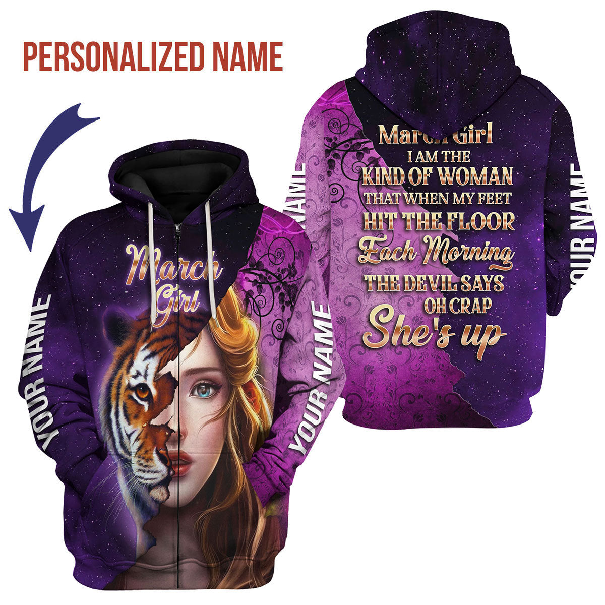 CustomsPig Personalized Zip Hoodie As A March Girl All Over Printed