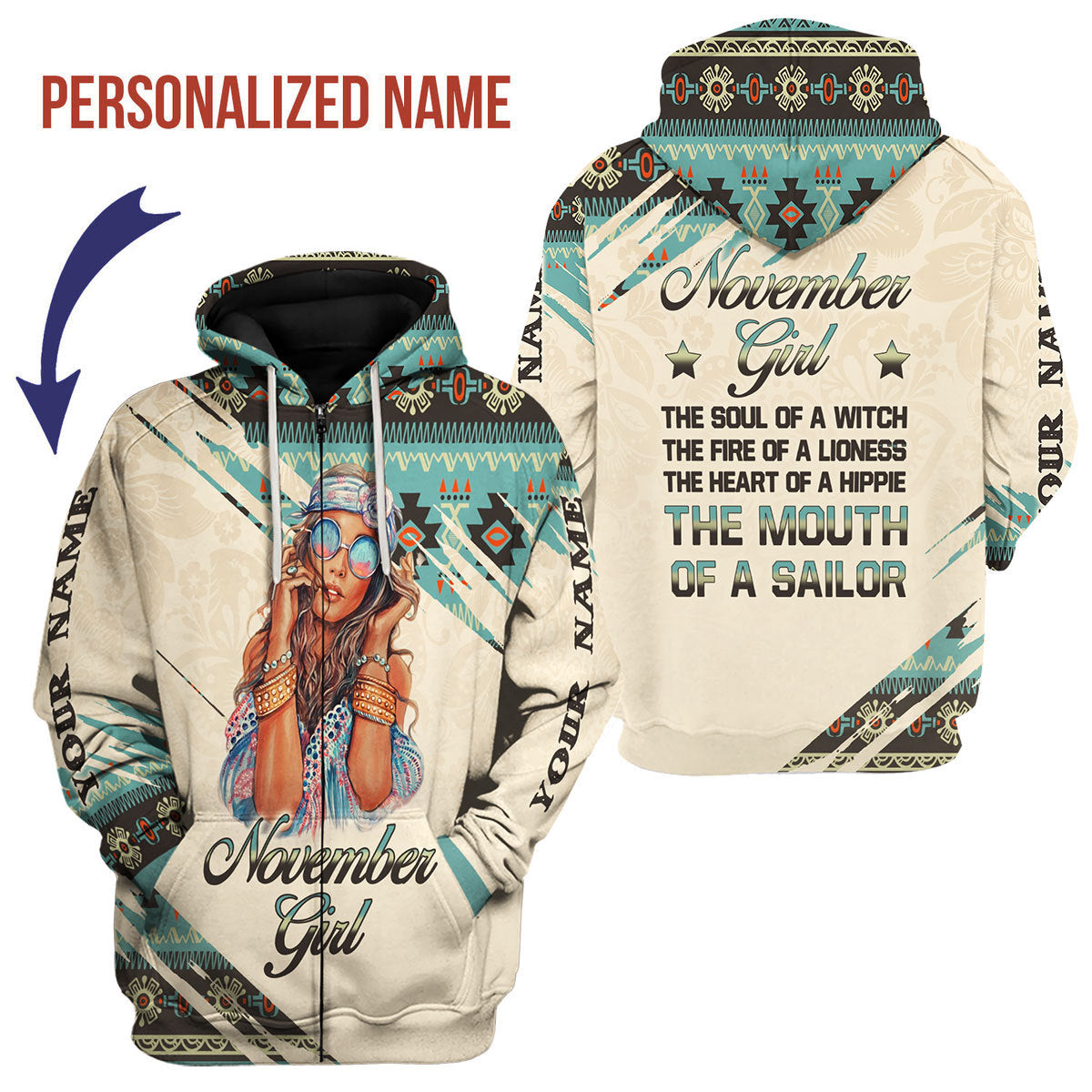 CustomsPig Personalized Zip Hoodie November Girl All Over Printed