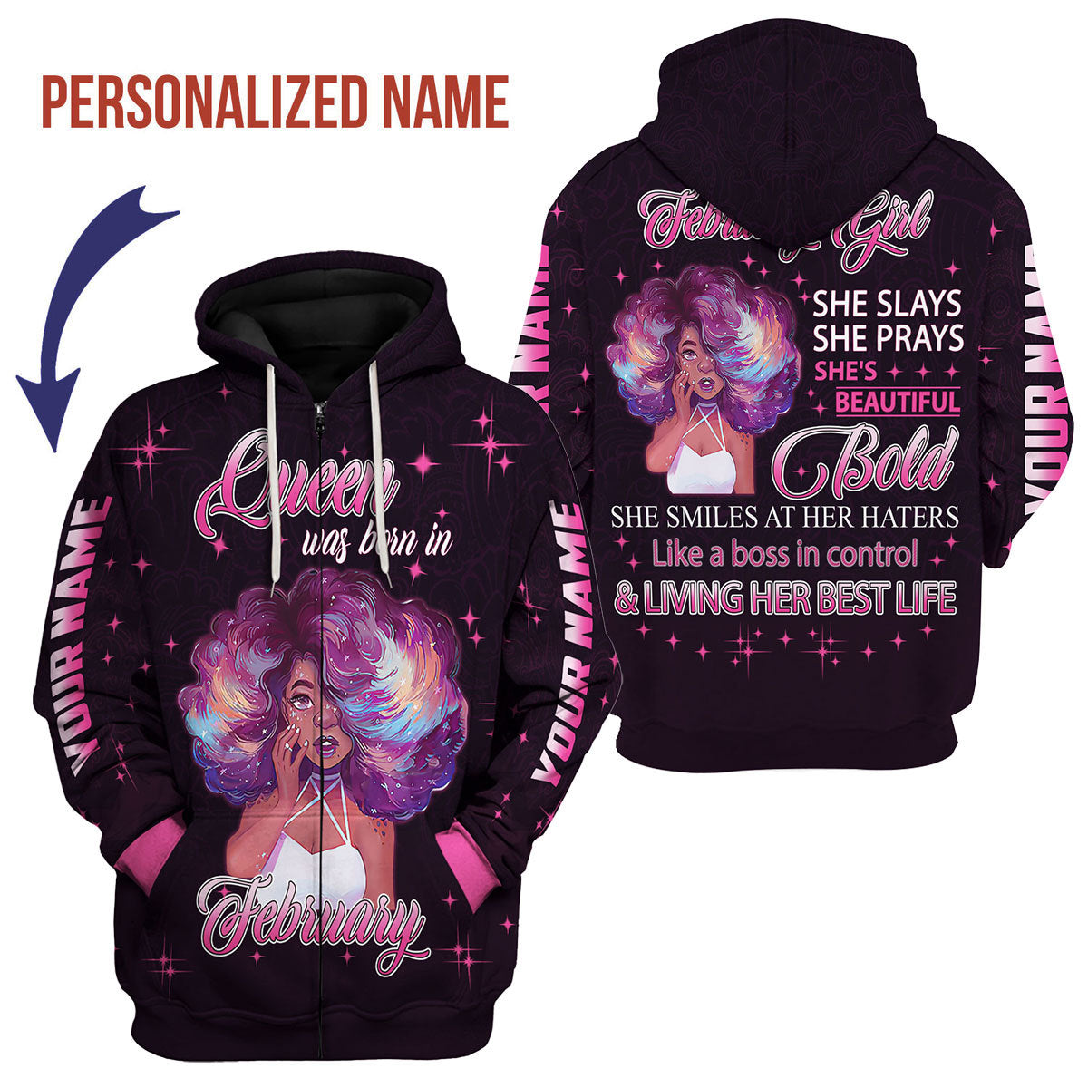CustomsPig Personalized Zip Hoodie February Girl She's Beautiful Bold All Over Printed