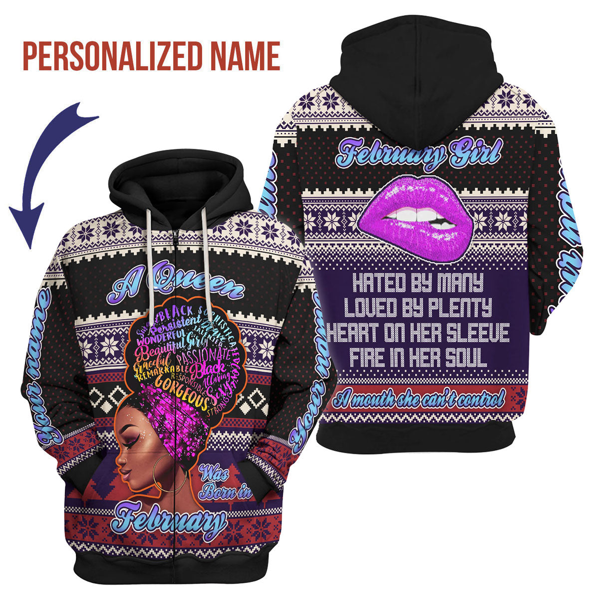 CustomsPig Personalized Zip Hoodie February Queen  All Over Printed