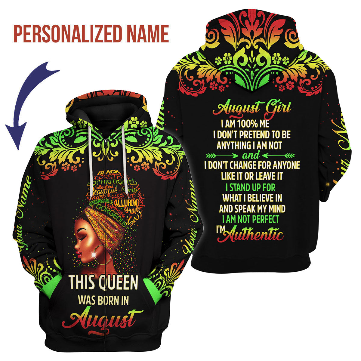 CustomsPig Personalized Zip Hoodie August Girl I Am 100% Me All Over Printed