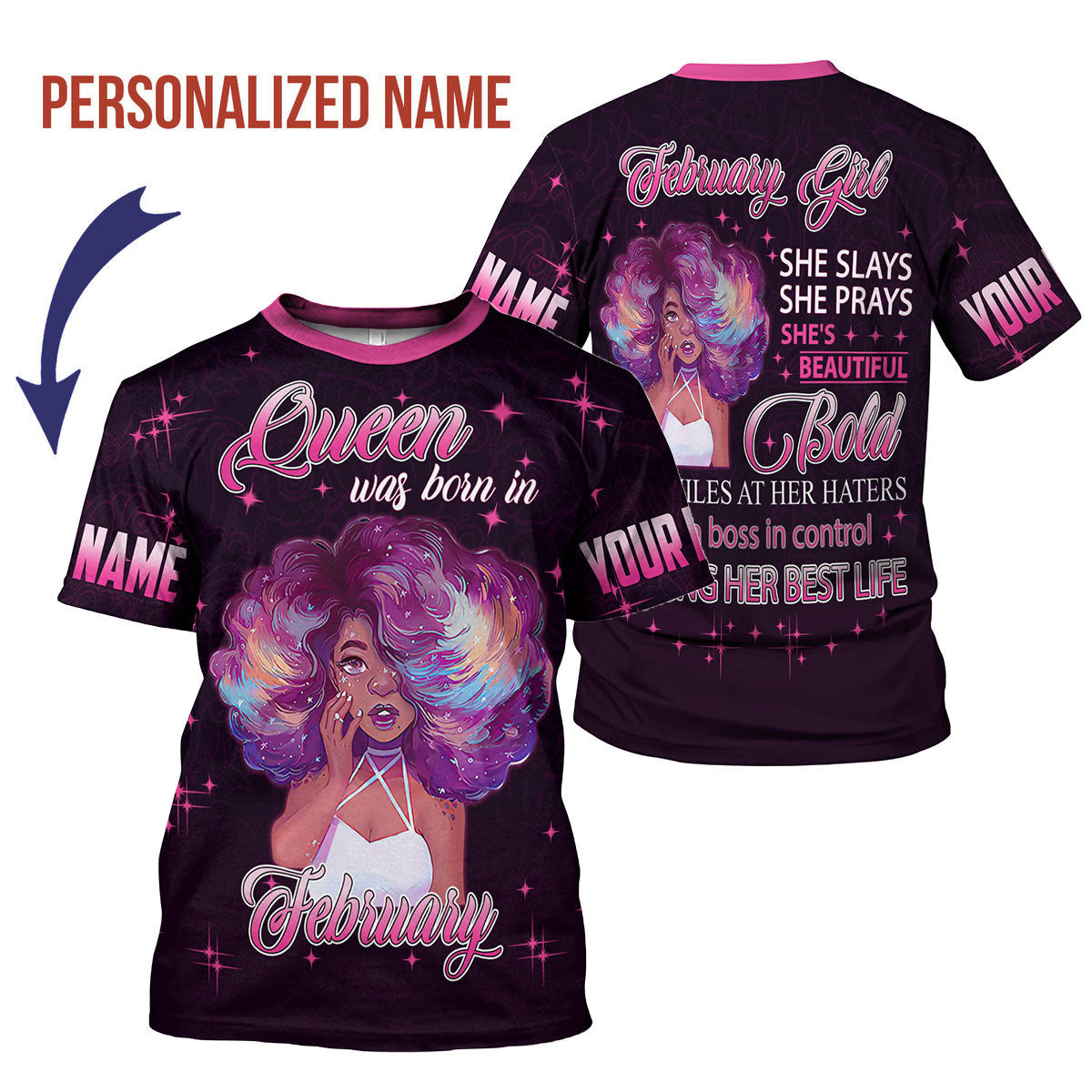 CustomsPig Personalized T-Shirt February Girl She's Beautiful Bold All Over Printed