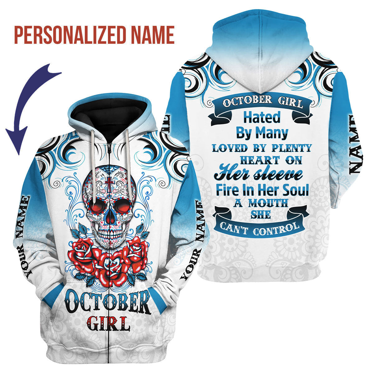 CustomsPig Personalized Zip Hoodie October Girl All Over Printed