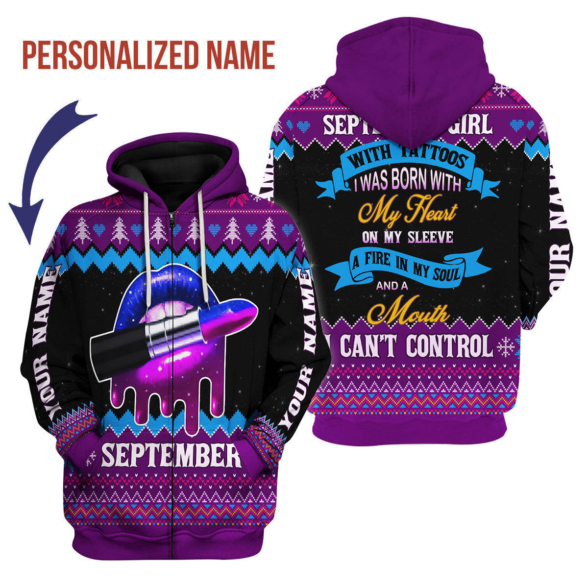 CustomsPig Personalized Zip Hoodie September Girl All Over Printed