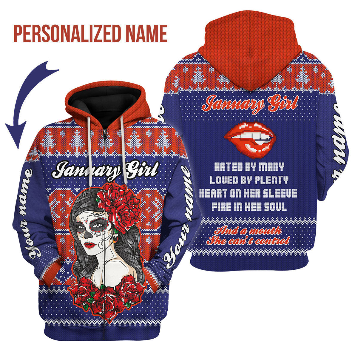 CustomsPig Personalized Zip Hoodie January Girl All Over Printed