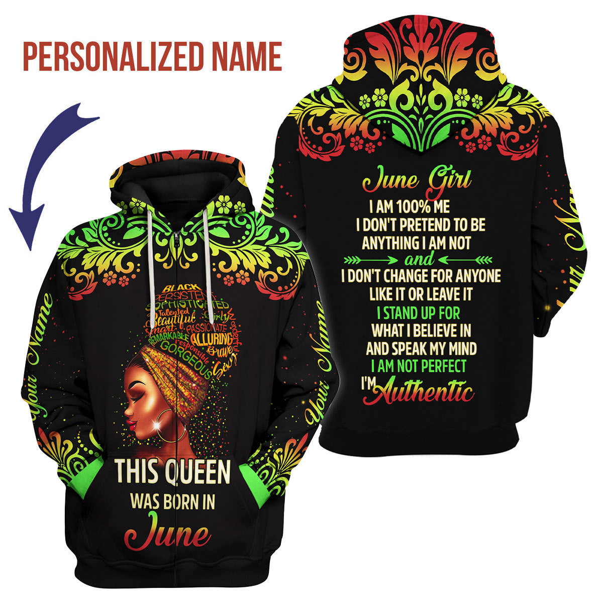 CustomsPig Personalized Zip Hoodie June Girl I Am 100% Me All Over Printed