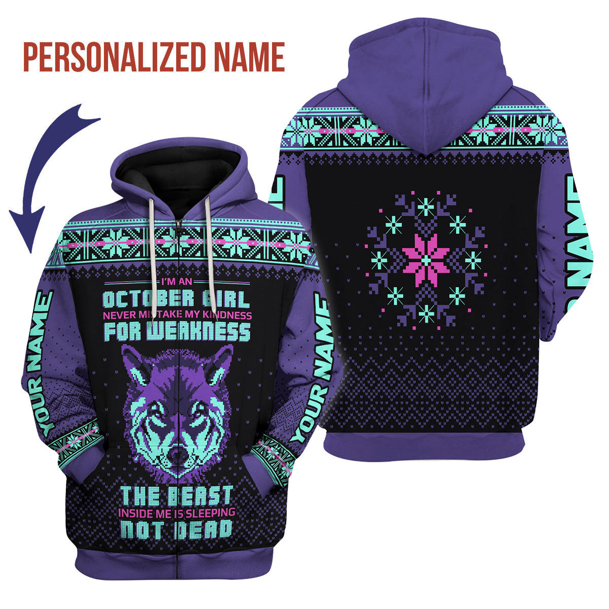 CustomsPig Personalized Zip Hoodie October Girl All Over Printed