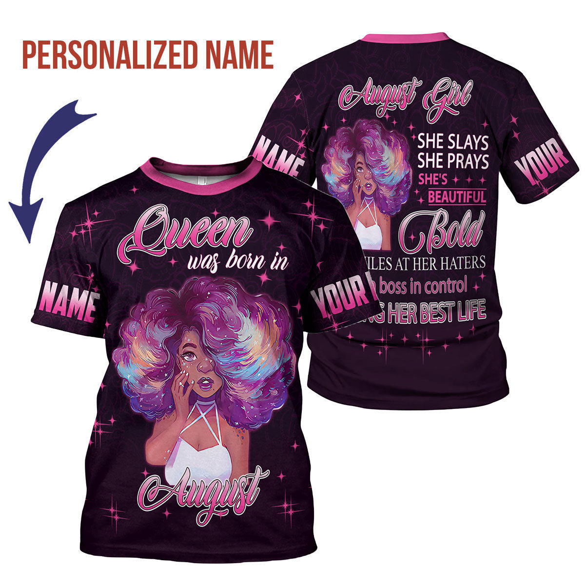 CustomsPig Personalized T-Shirt August Girl She's Beautiful Bold All Over Printed