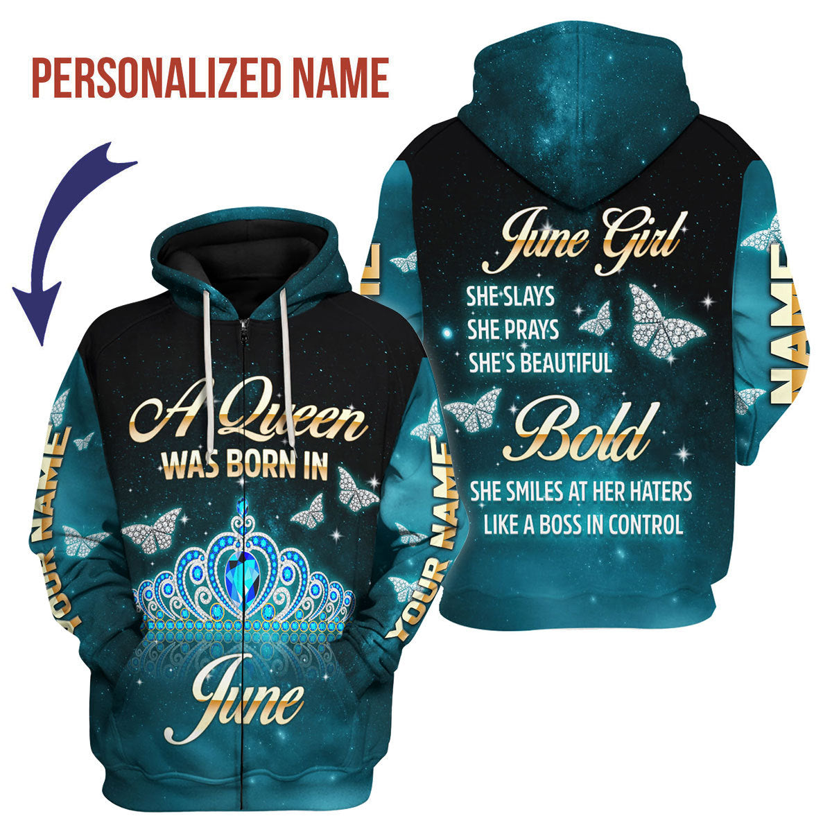 CustomsPig Personalized Zip Hoodie June Girl All Over Printed