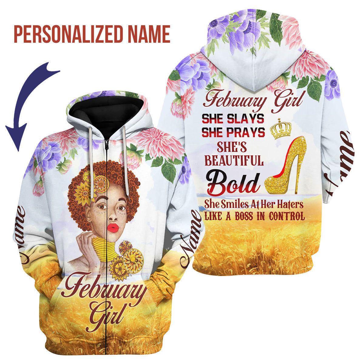 CustomsPig Personalized Zip Hoodie February Girl All Over Printed