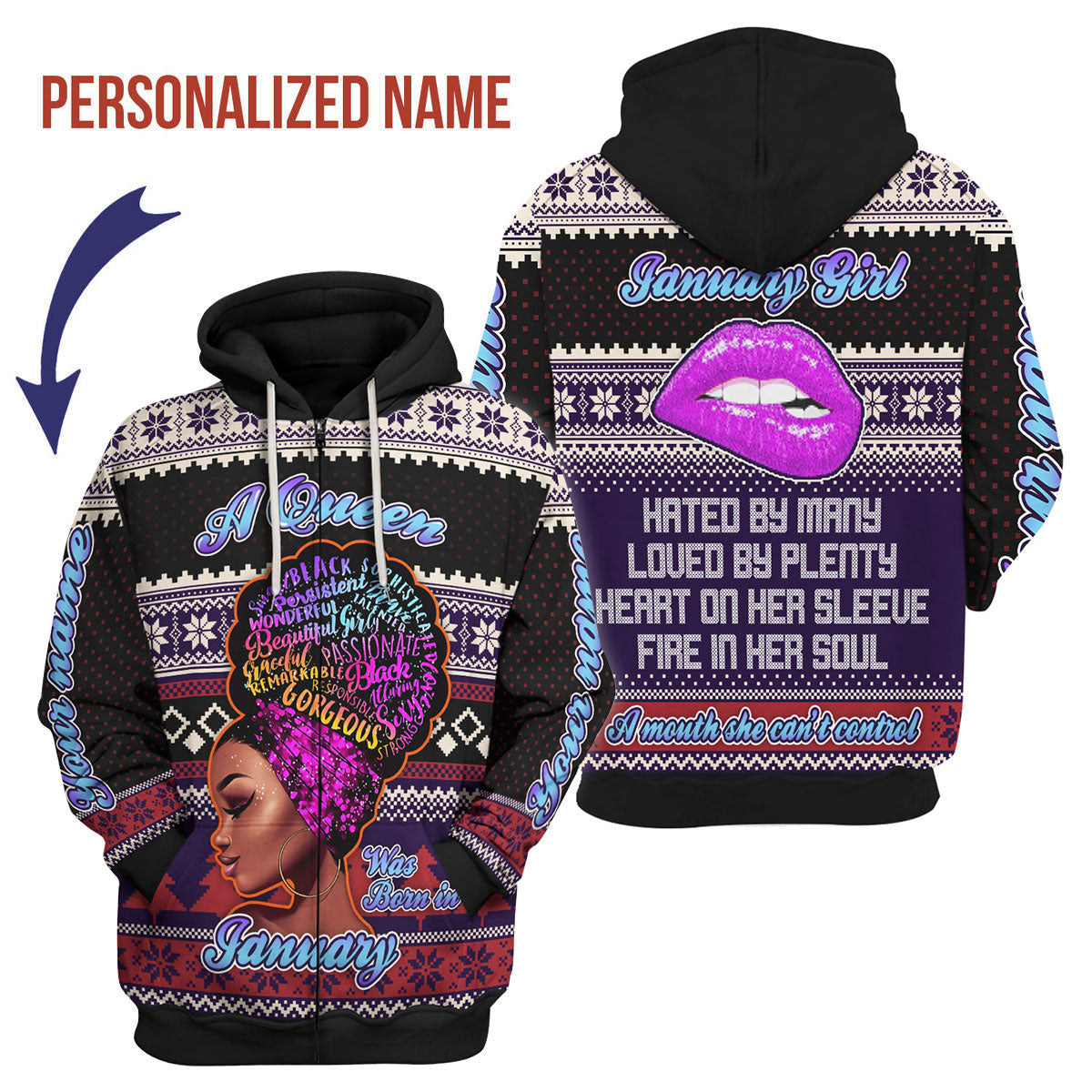 CustomsPig Personalized Zip Hoodie January Girl All Over Printed