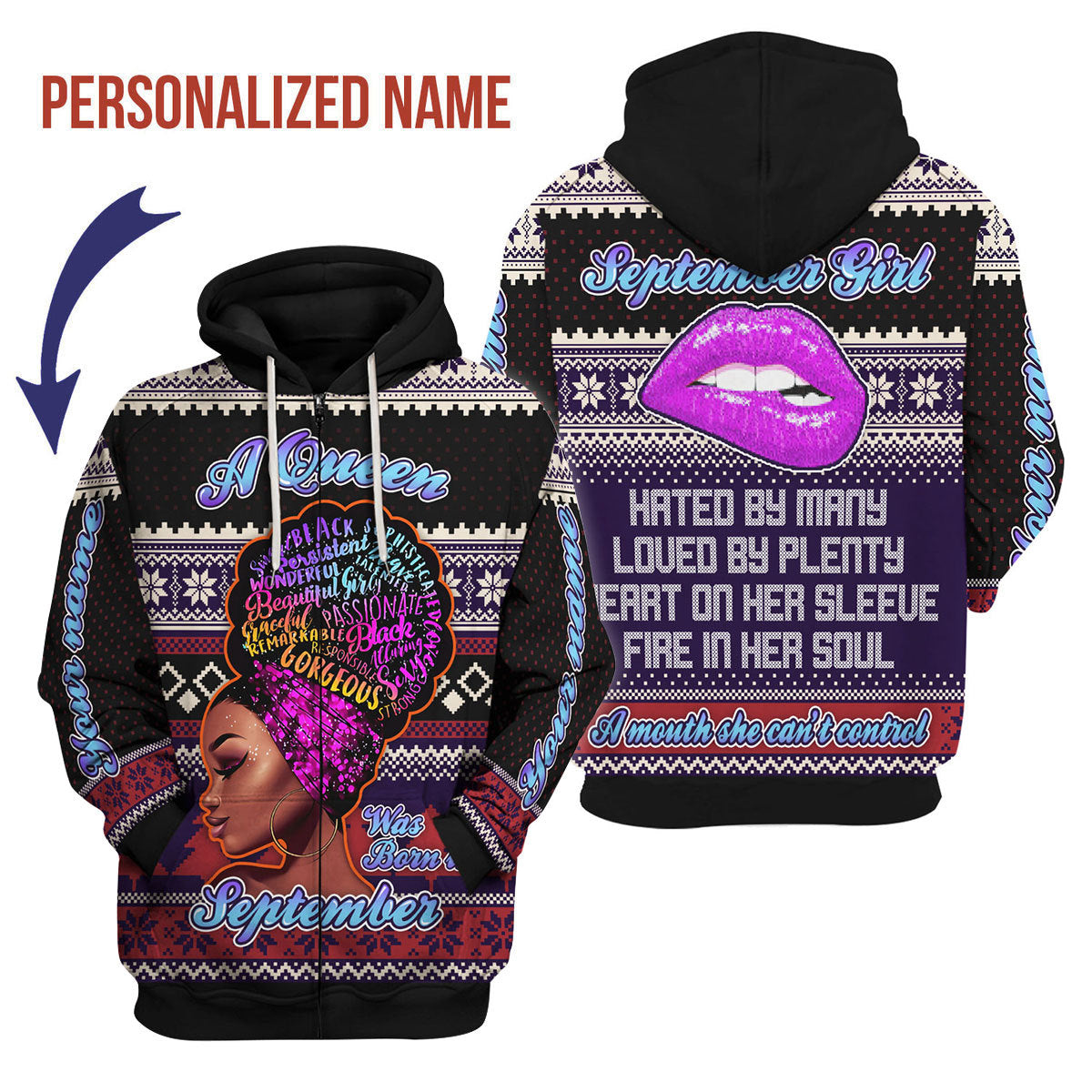 CustomsPig Personalized Zip Hoodie A Queen Was Born In September All Over Printed